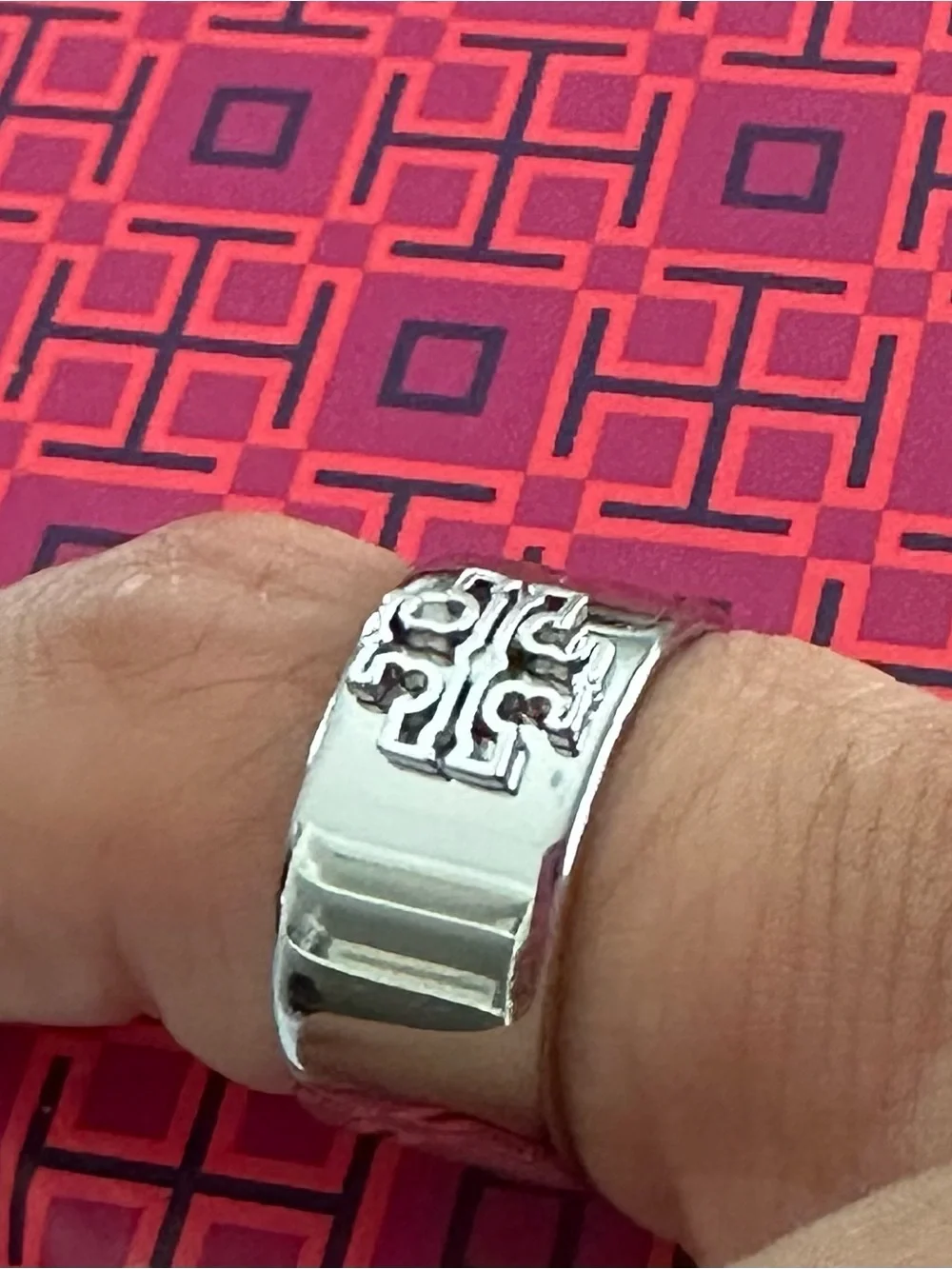 Tory Burch Silver Logo Band Ring